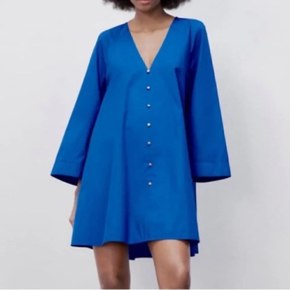 Zara Blue Voluminous Aline Mini Cotton Oversized Dress(Size Small)